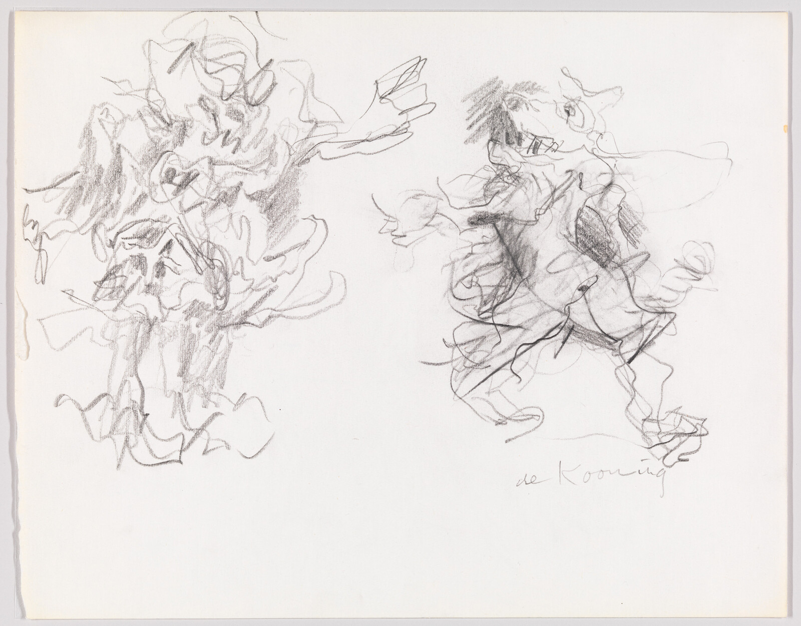 Two loose, scribbled pencil figure sketches with energetic lines and a de Kooning signature.