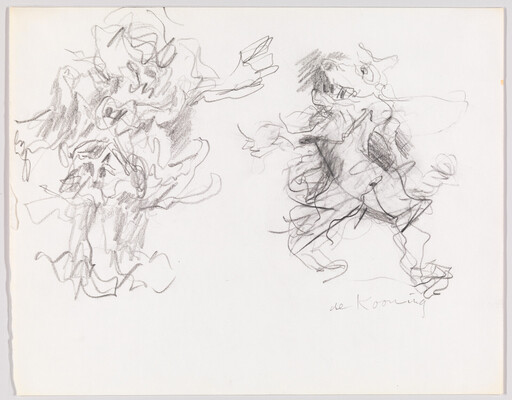 Two loose, scribbled pencil figure sketches with energetic lines and a de Kooning signature.