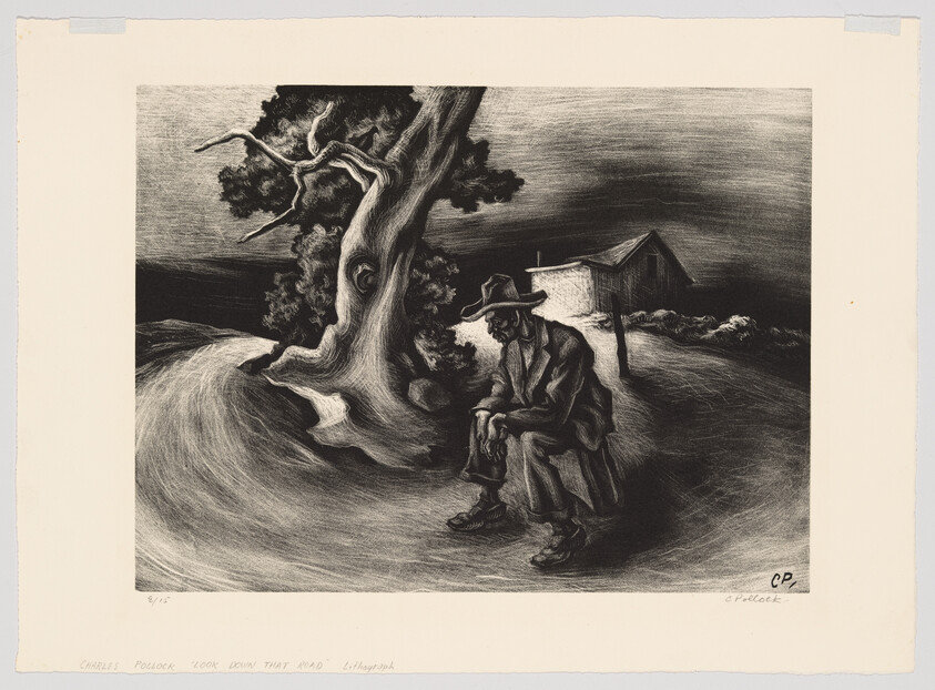 An older man in a hat sits under a gnarled tree near a lonely farmhouse, looking down.