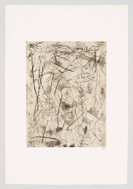 Abstract etching with tangled scratched lines forming suggestive faces and figures across a textured ground.