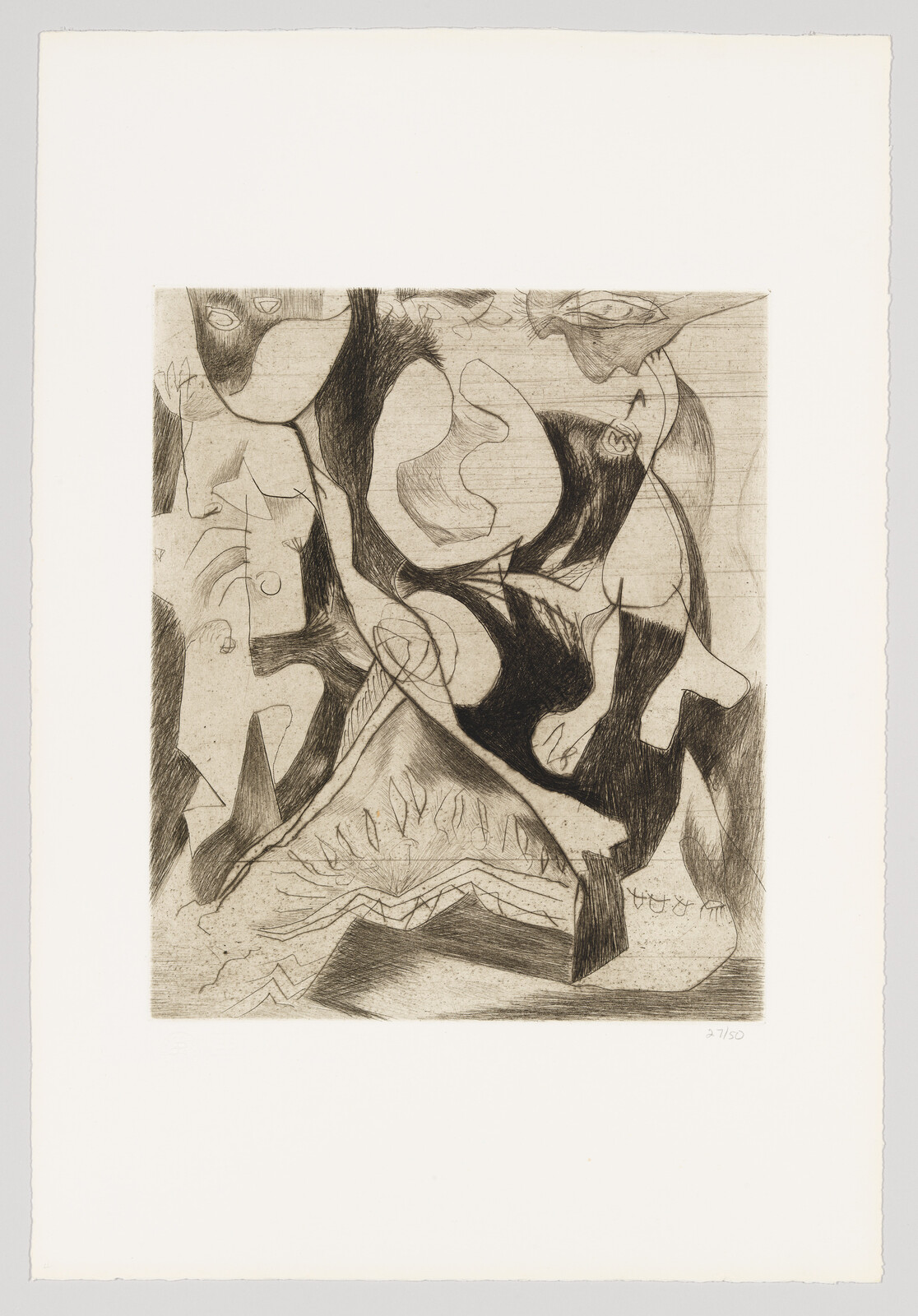 Abstract etching showing overlapping organic shapes and faces above a triangular mountain-like form.