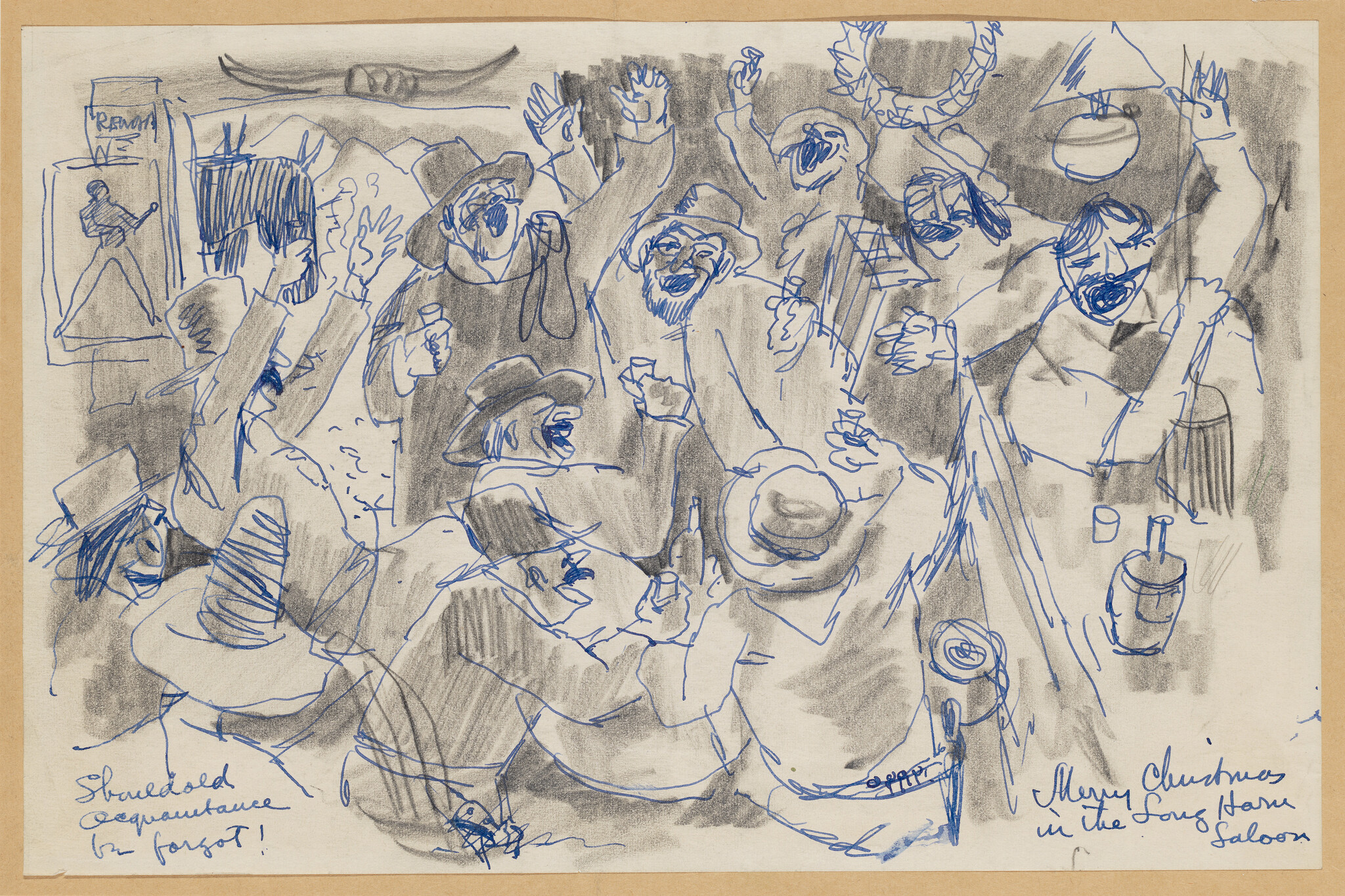 A lively saloon crowd wearing hats cheers and raises drinks while singing and celebrating.
