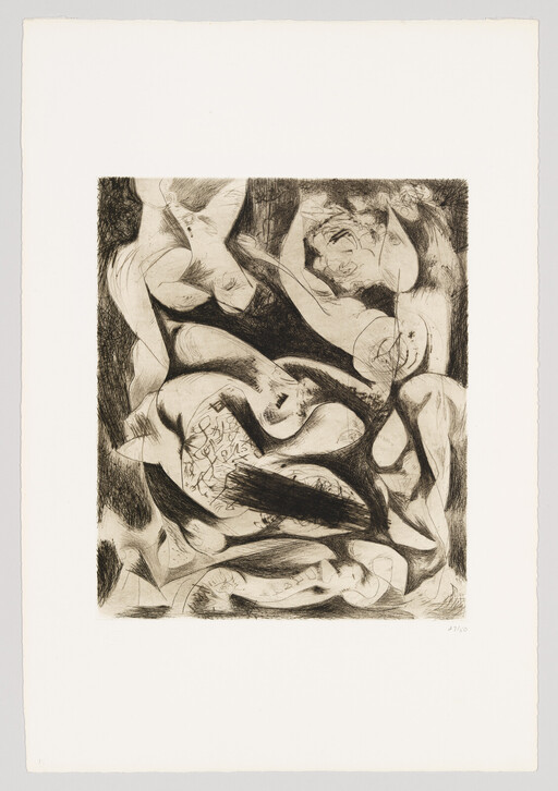 Several abstract intertwined human figures twist and overlap in a dark, sketchy etching.