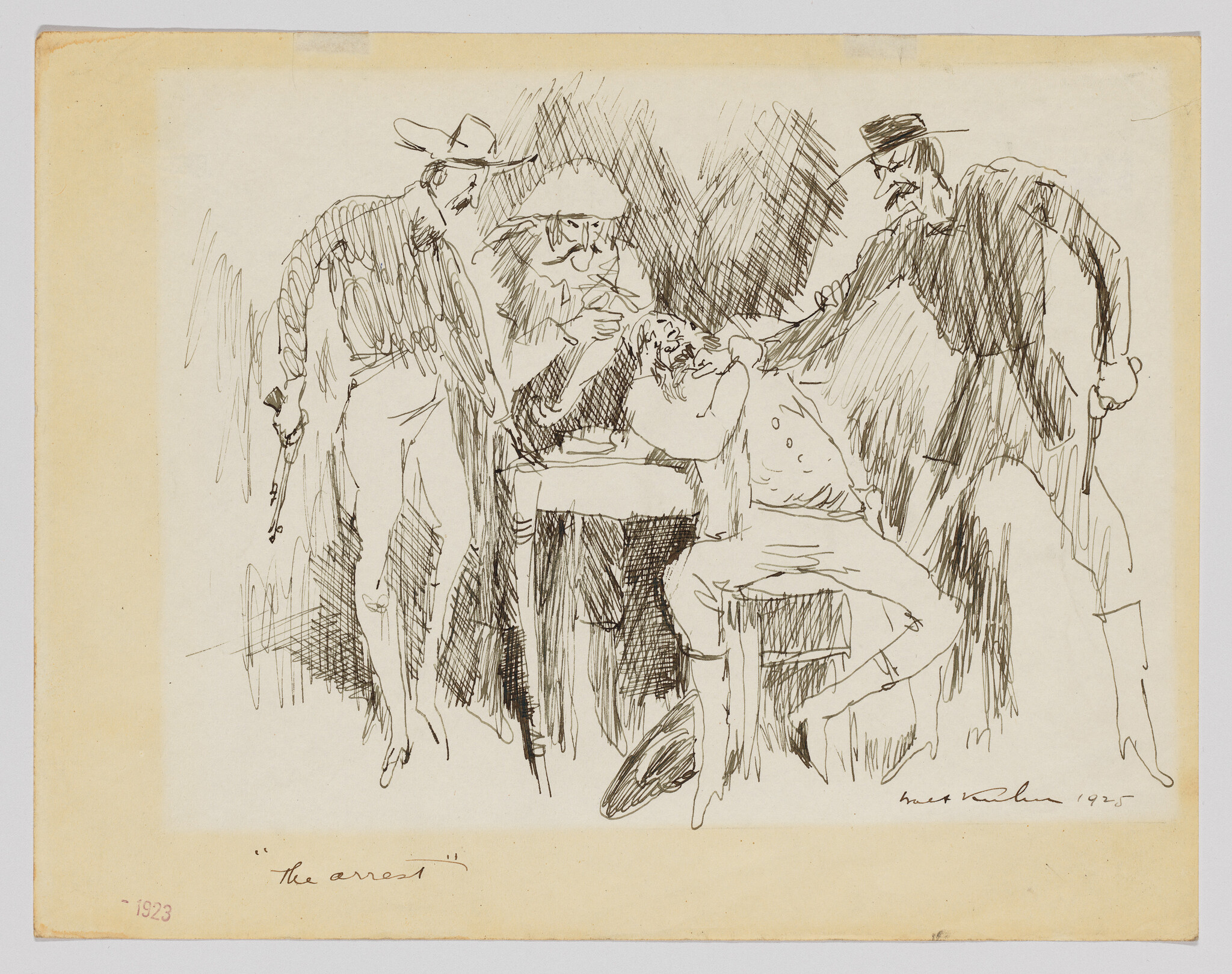 Three men forcefully detain a seated man at a table in a quick pen sketch titled "The arrest."