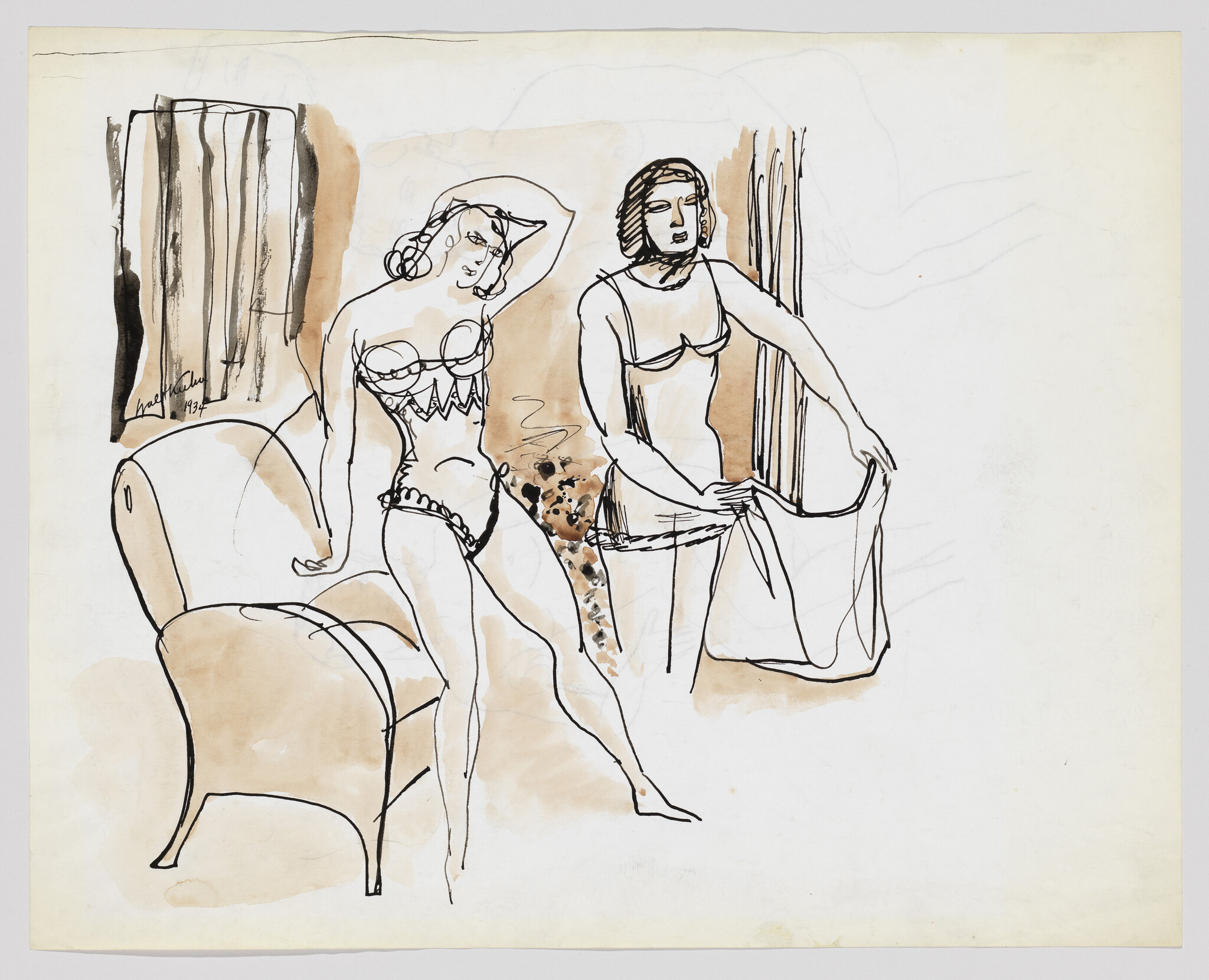 Two women in undergarments stand in a room, one posing while the other holds fabric.