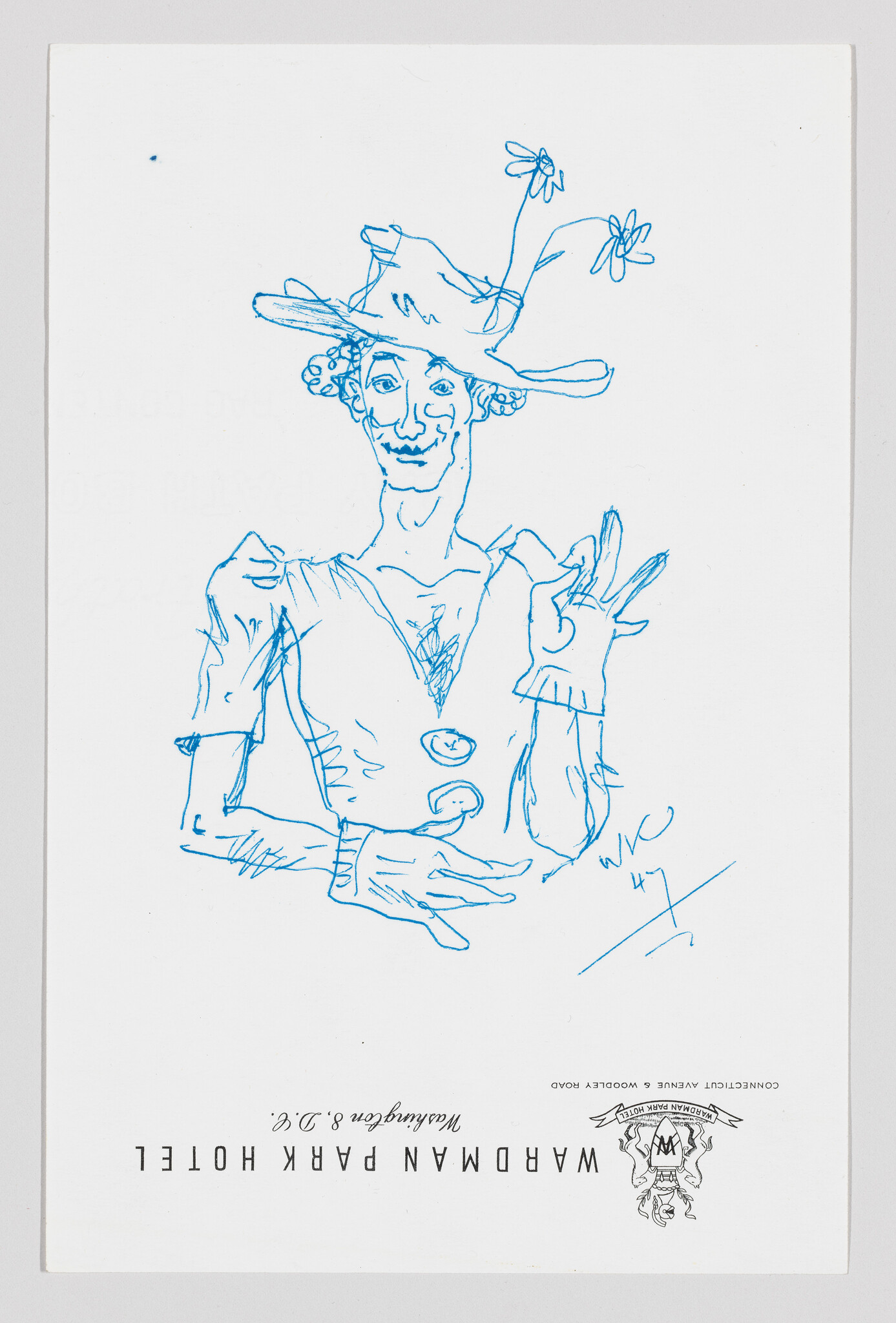 A sketch of a whimsical figure with a wide-brimmed hat adorned with flowers, smiling and gesturing with their hands. The drawing is in blue ink on a white background, with the artist's signature and some text upside down at the bottom.
