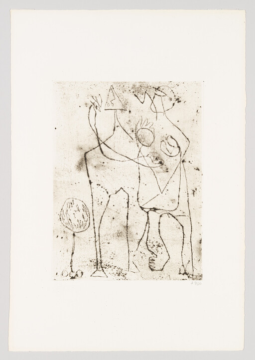 Two tall abstract figures drawn with thin lines, one holding a triangular object near a small tree.