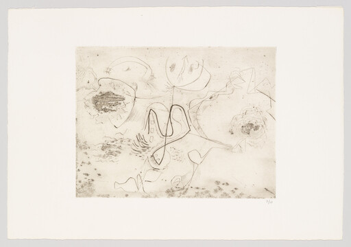 An abstract etching shows thin, winding lines and organic shapes across a pale rectangular field.
