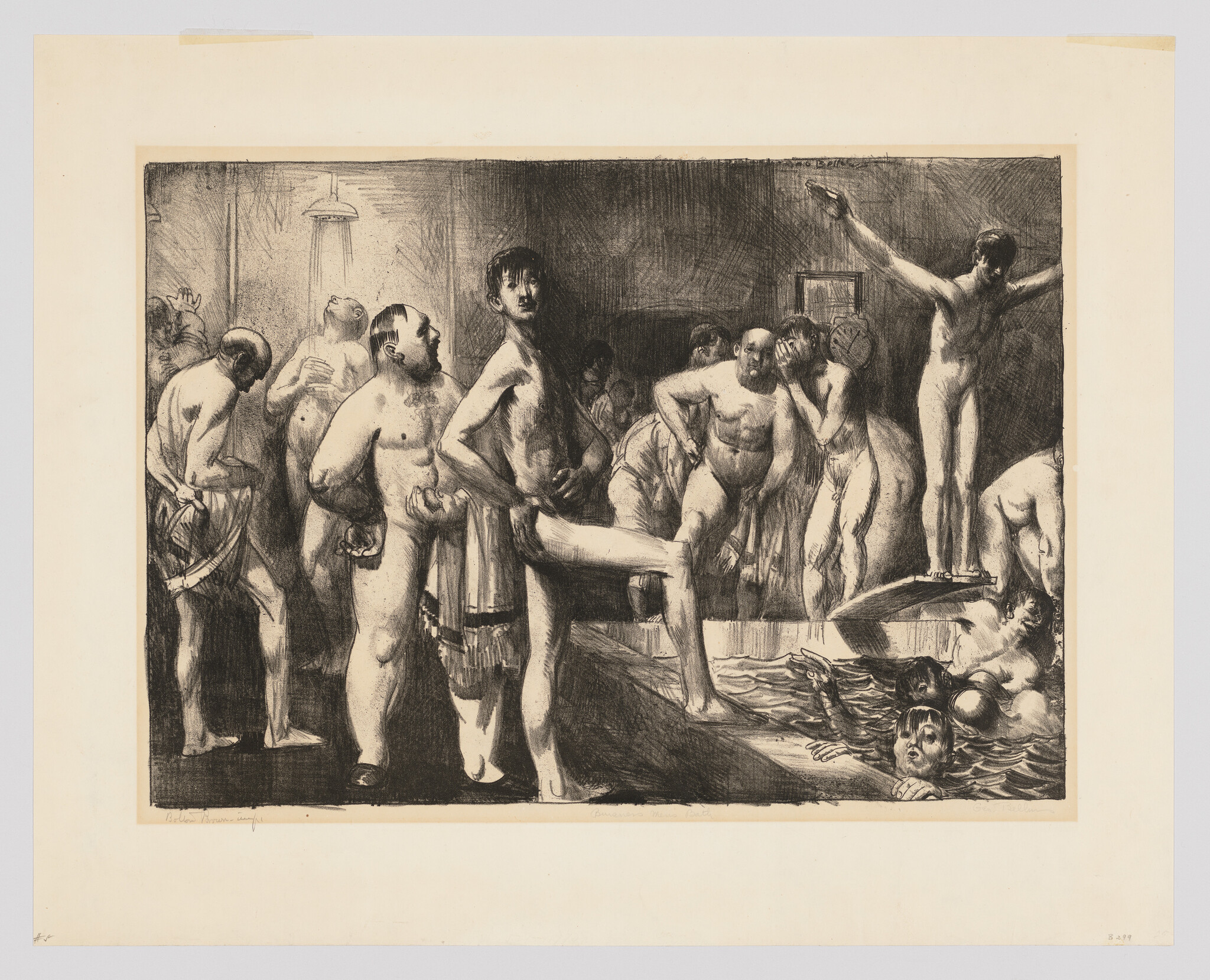 Naked men gather in a crowded communal bath while others wash, dive, and relax in the water.