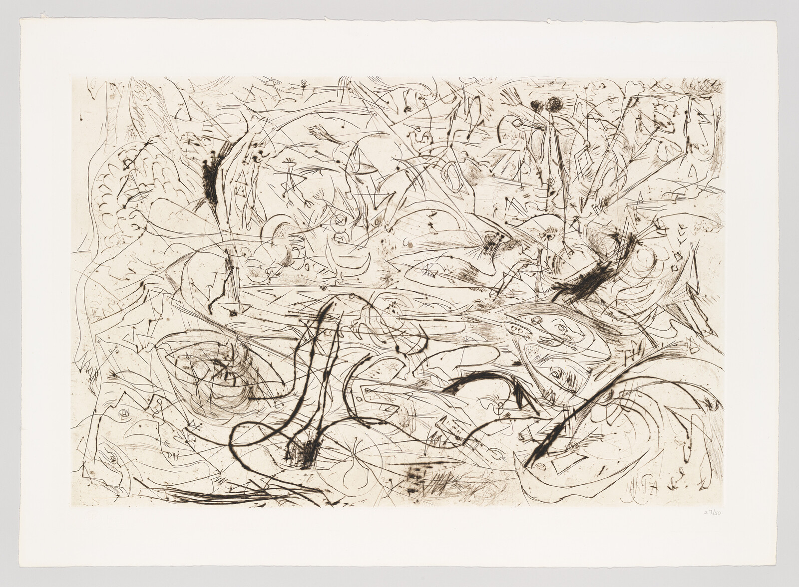 Chaotic black ink etching with swirling abstract lines and shapes across a cream paper background.