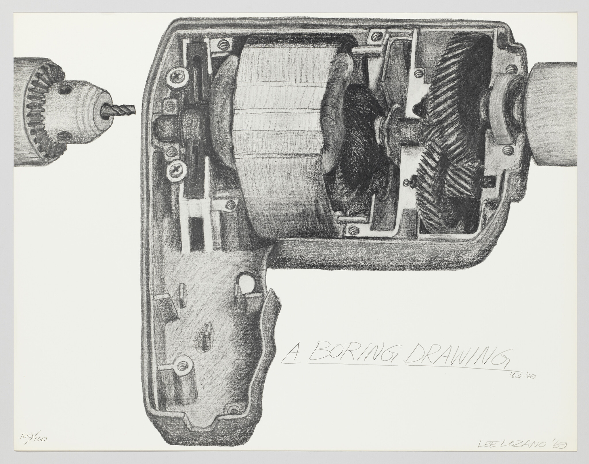 Detailed pencil drawing of a mechanical device, possibly a gearbox, with a drill entering from the left side. The artwork is monochromatic and features intricate shading and texturing to depict the mechanical components. Below the drawing, the text "A BORING DRAWING" is written, followed by the artist's signature and the date '63. The bottom left corner includes a fraction marking, indicating this is one of a limited series of prints.
