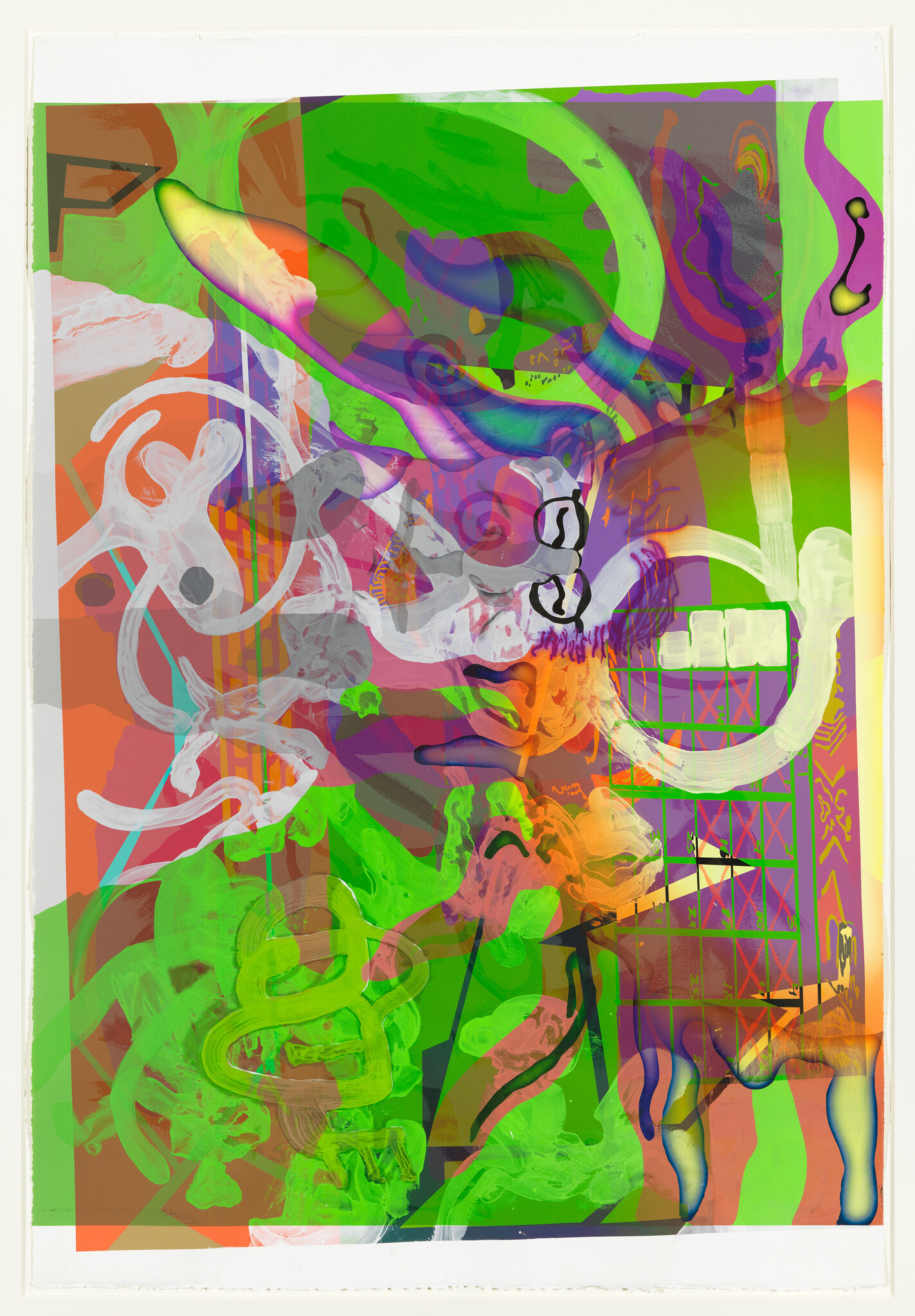 Colorful abstract composition with layered neon greens, purples, and orange shapes and a white smiling face.