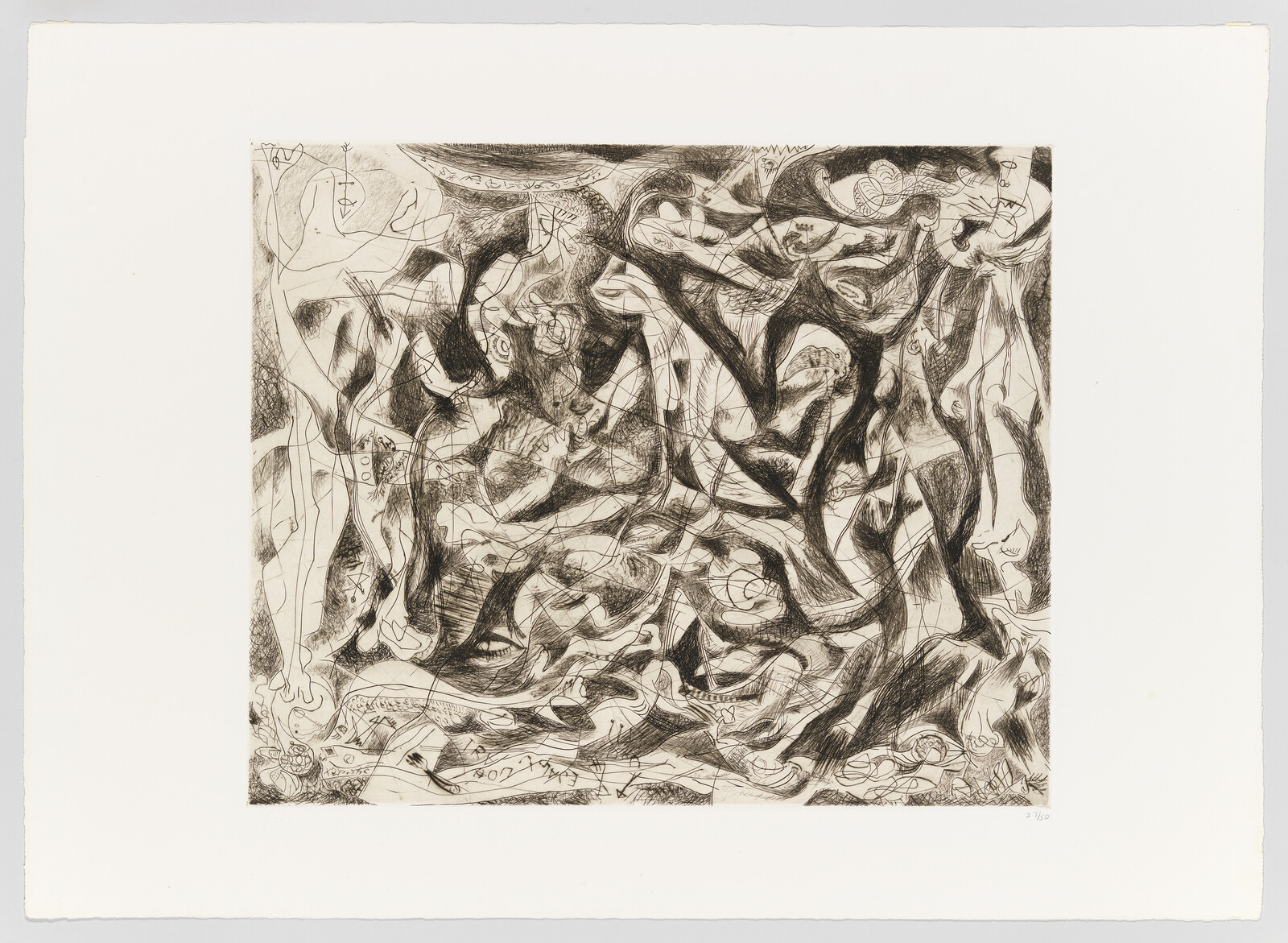 Abstract etching showing tangled swirling figures, faces, and organic shapes in black lines.