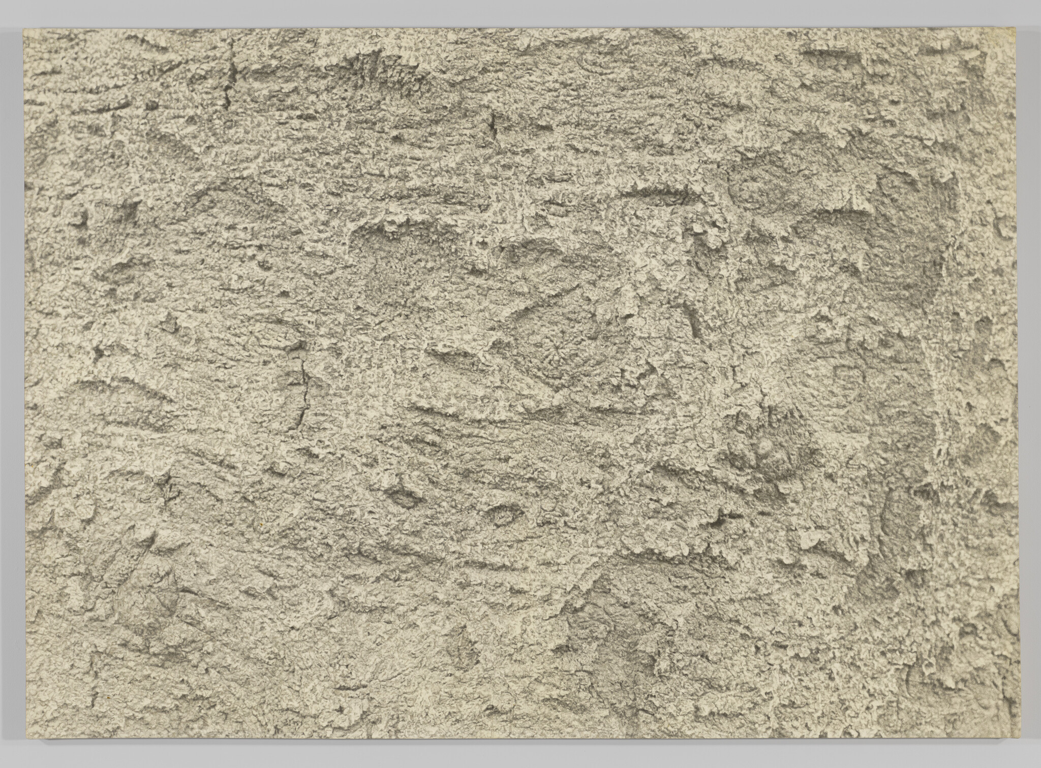 Rough, textured beige surface with uneven patterns and cracks, resembling a close-up of plaster or stone.