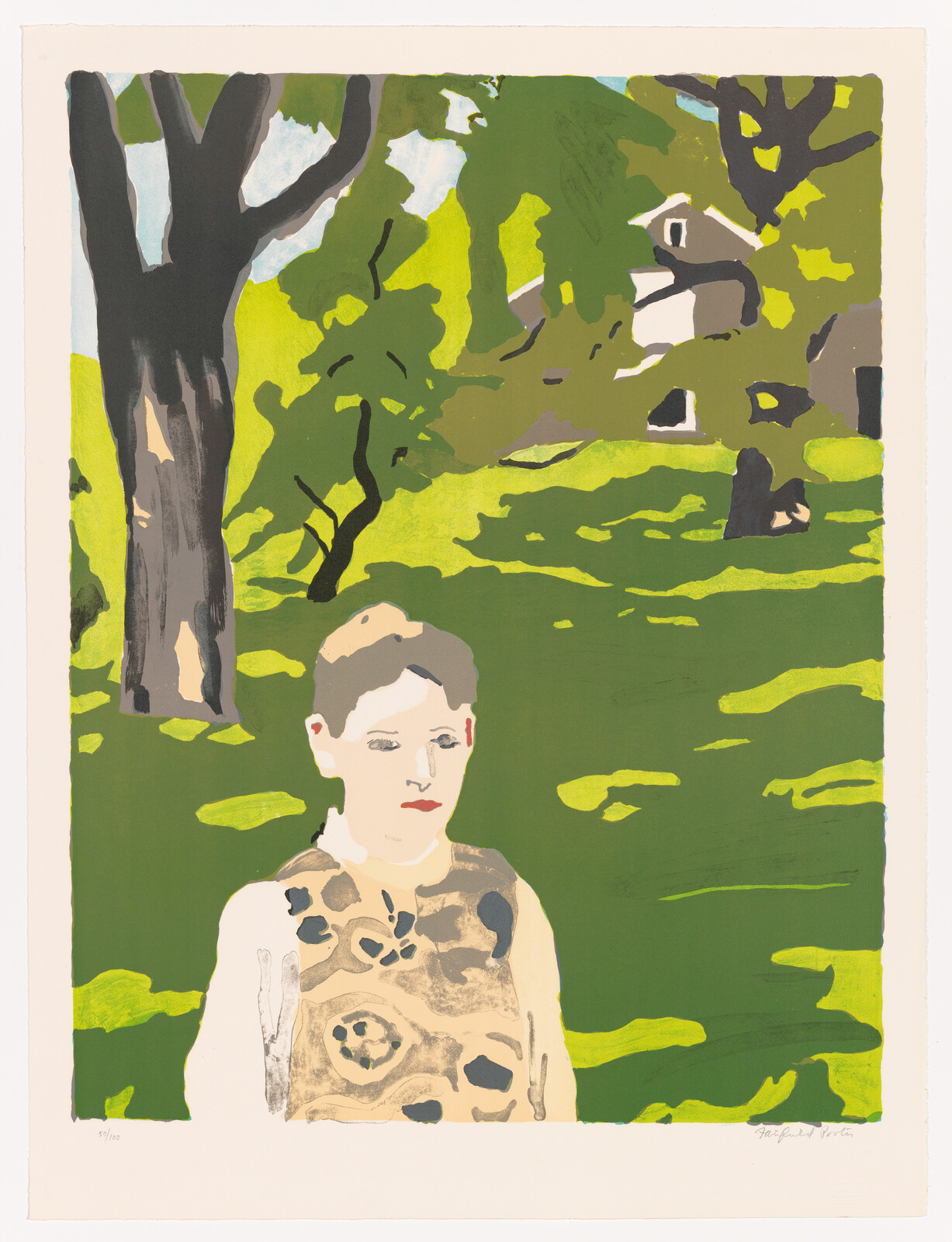 A white girl in a khaki-colored print dress stands on a dark and lime green-colored lawn. The lawn leads to a grayish-brown house that peaks through the trees.