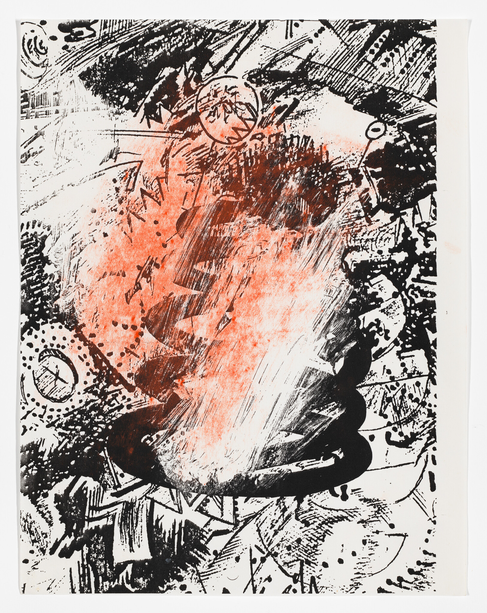 Abstract print with a large orange-red brushstroke over black circular shapes and scribbled marks.