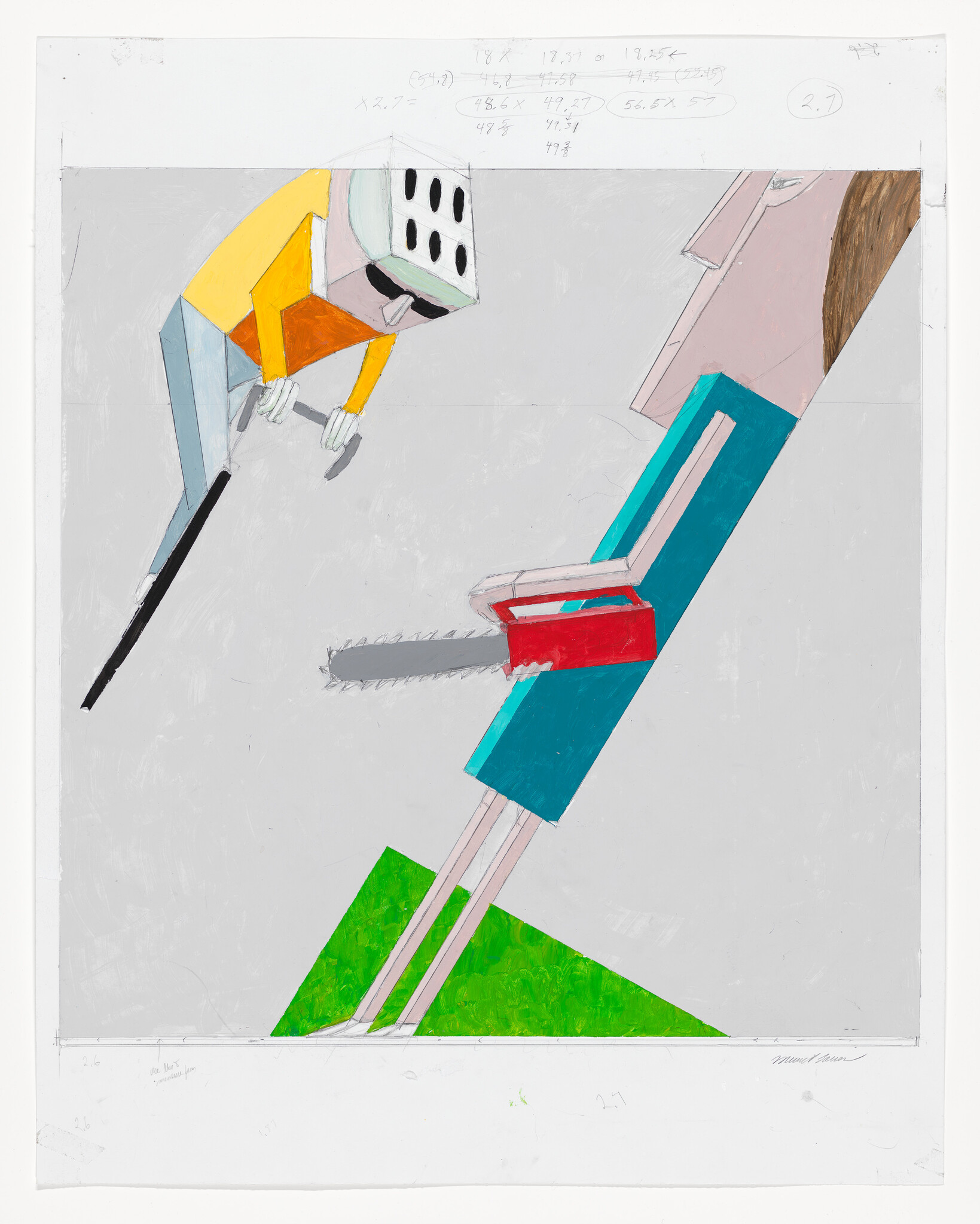 Two stylized figures, one wielding a chainsaw near a green slope while another leans overhead.