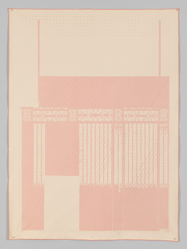 A pale pink and cream rectangular textile with geometric blocks and decorative vertical stripe patterns.