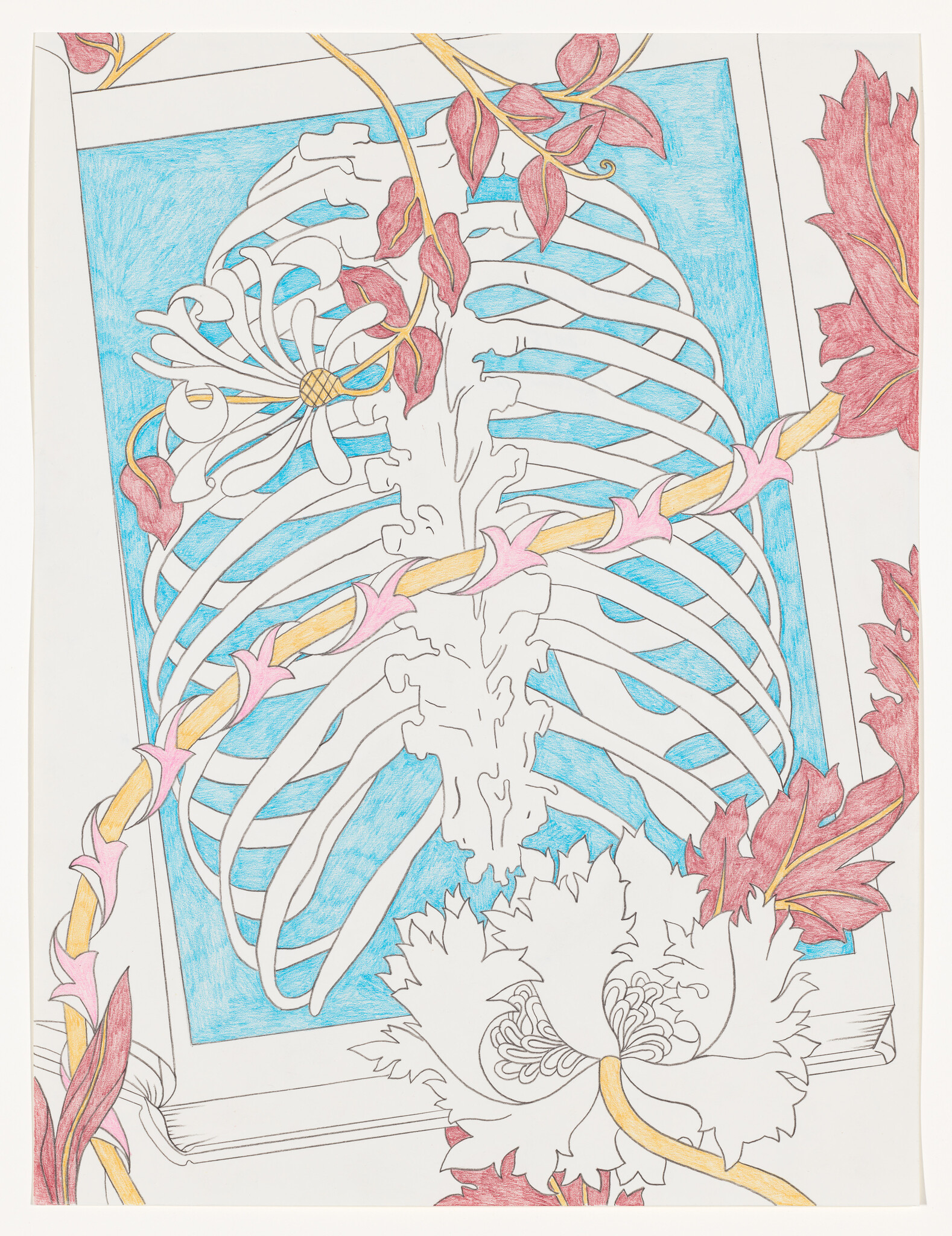 Illustration of a human ribcage intertwined with pink flowers and golden vines against a blue background, with additional floral elements at the bottom right corner, all within a white border.