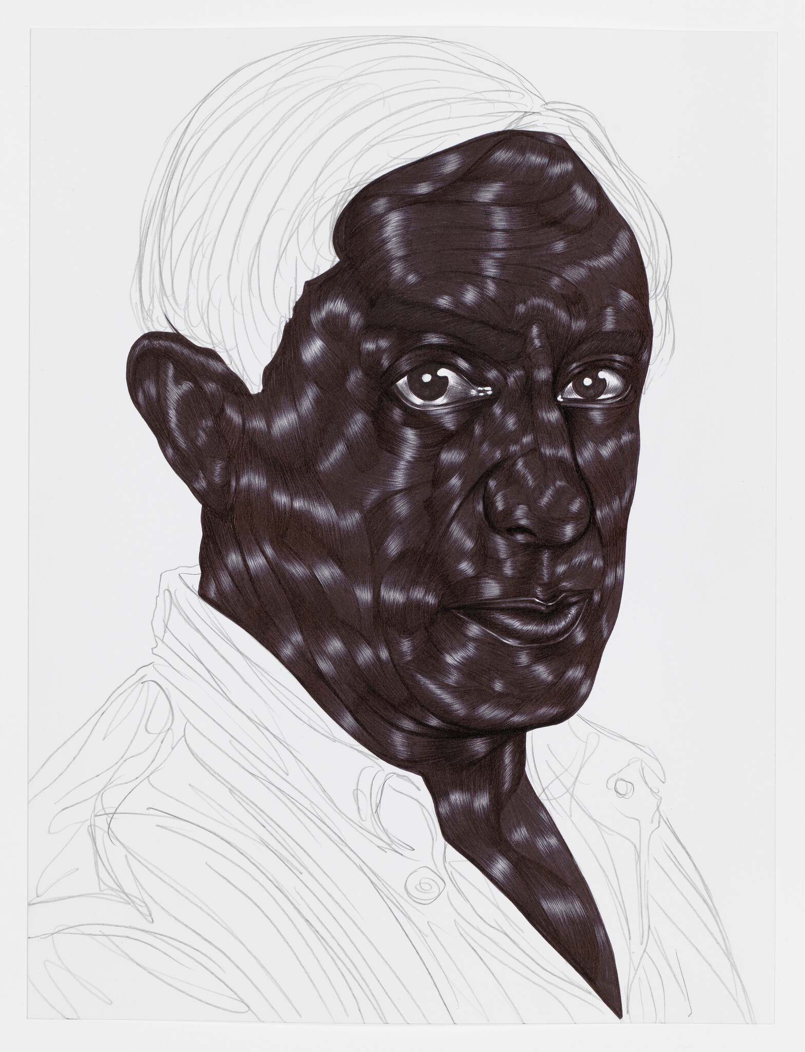 A portrait of an older man, his hair and shirt sketched with pencil and his face constructed with a hair-like texture.