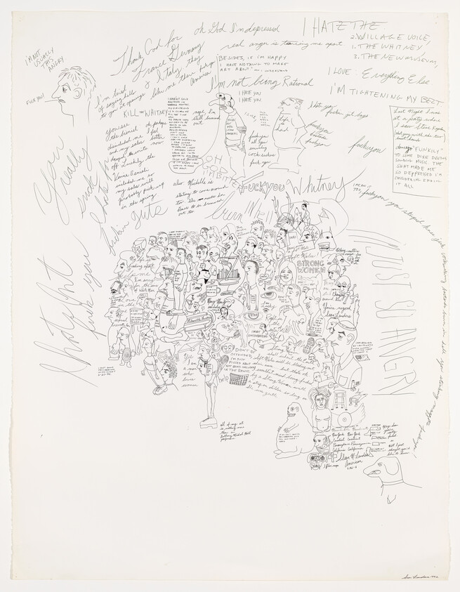 Dense cluster of small cartoon faces, handwritten notes, and doodles arranged across a white page.