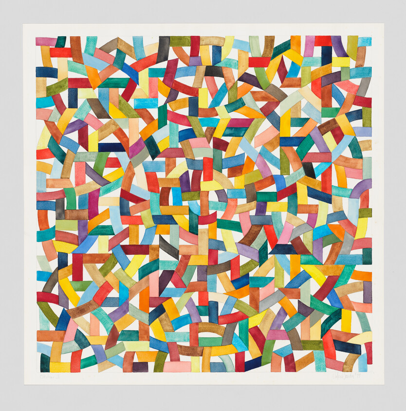 A dense mosaic of colorful interlocking curved bands forming an abstract woven pattern.