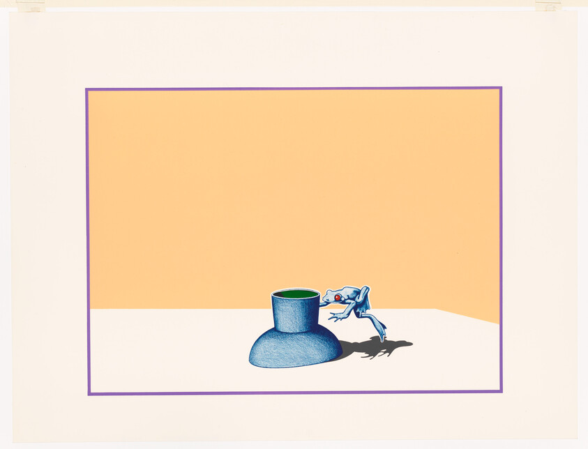 A small blue frog leans over a blue container with green liquid on a pale surface.