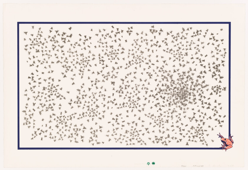 Thousands of small insects scattered across a bordered sheet with a colorful frog in the corner.