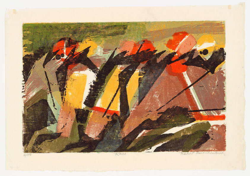 Several stylized rowers in bright hats leaning forward and rowing with long oars.