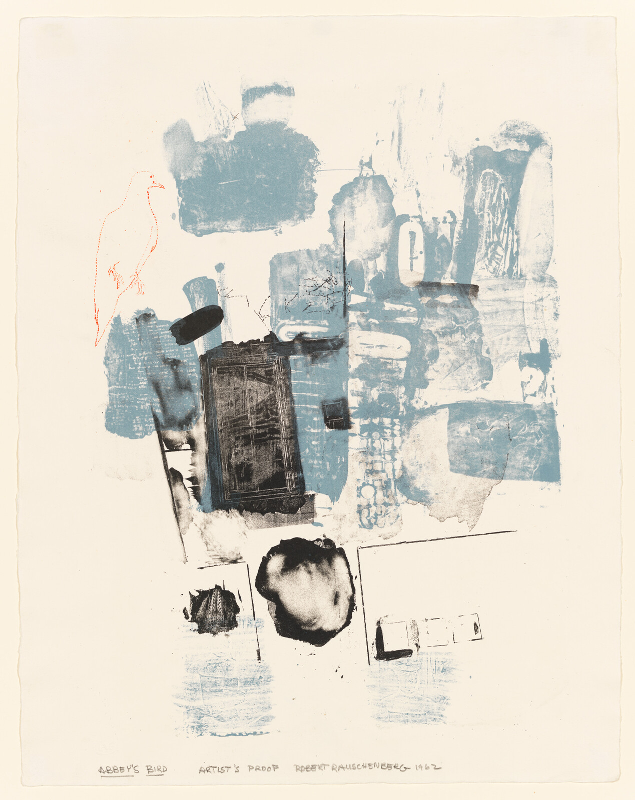 Abstract collage of blue and black shapes with a small red outlined bird on the left.