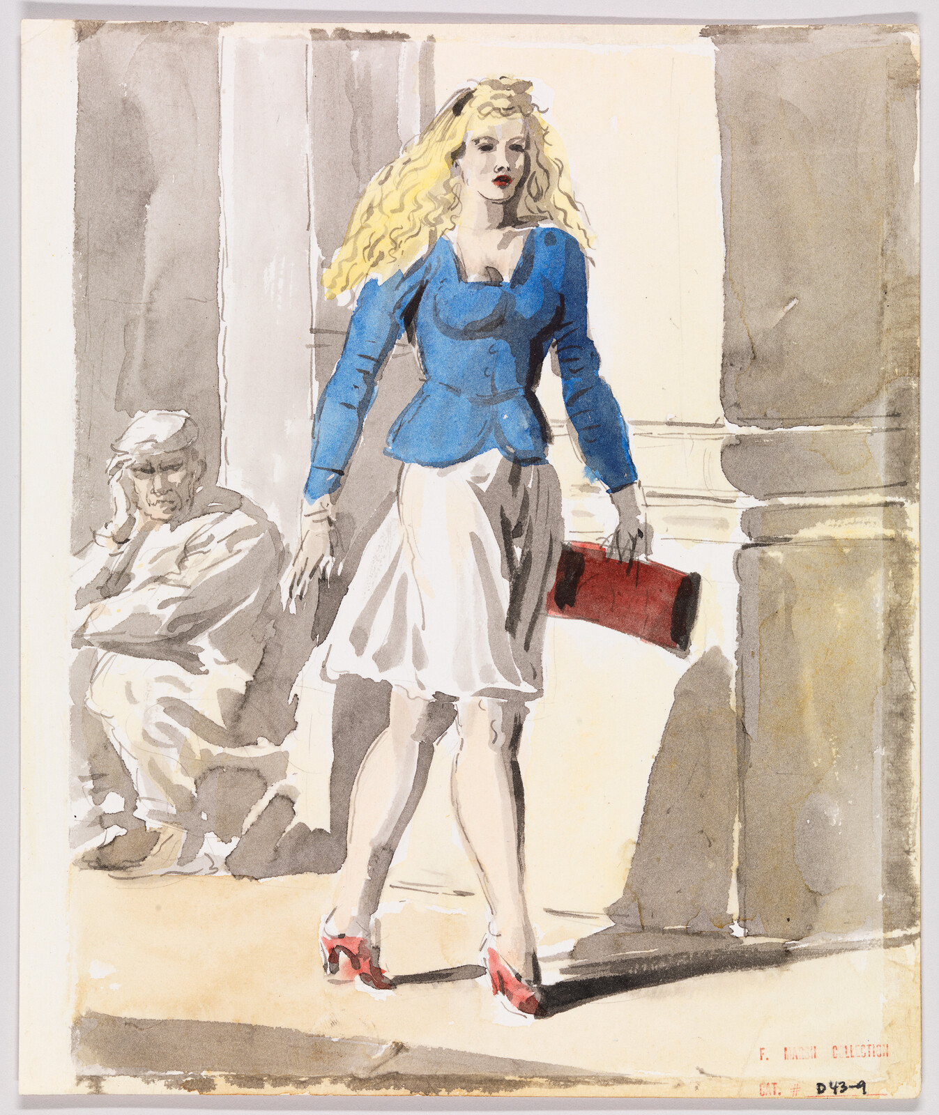 A woman with long blonde hair walks confidently, holding a red clutch, while a person sits nearby in shadow.
