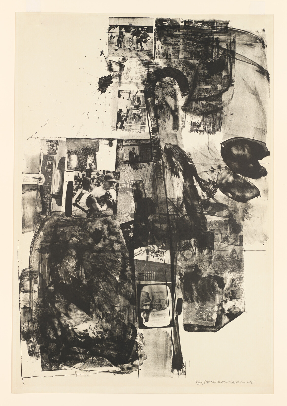 Large abstract black-and-white collage combining blurred photographs, sweeping brushstrokes, and ink smudges.