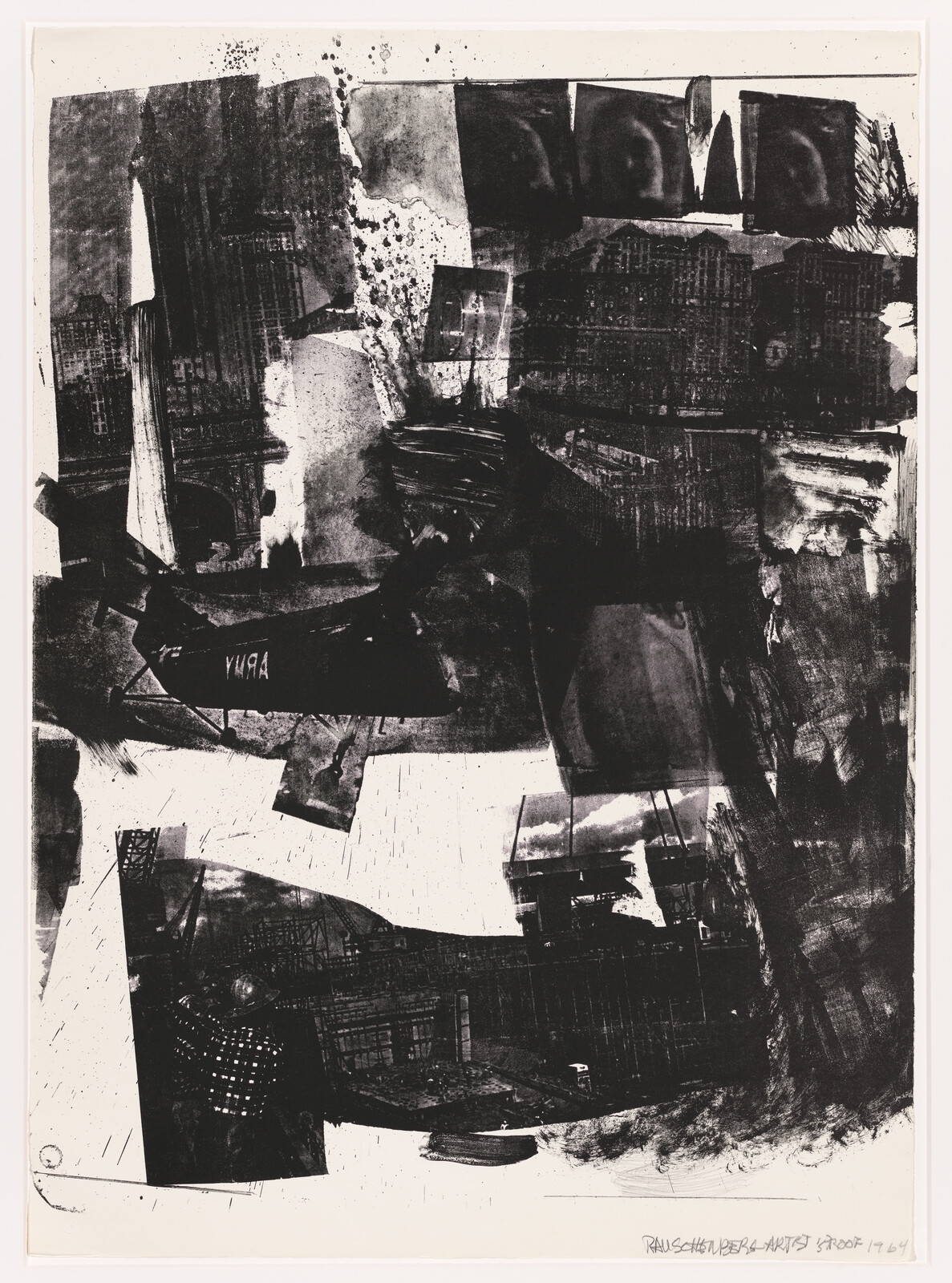This image features an abstract black and white print with a collage-like composition of various textures and forms that resemble architectural elements and urban landscapes. Some areas are densely layered, creating a sense of depth and complexity, while others are more sparse. The artwork has a dynamic and somewhat chaotic feel, with reversed text and numbers visible, suggesting it may be a print or a mixed media piece. There's a signature and date at the bottom, indicating it's an artist's proof from 1961.