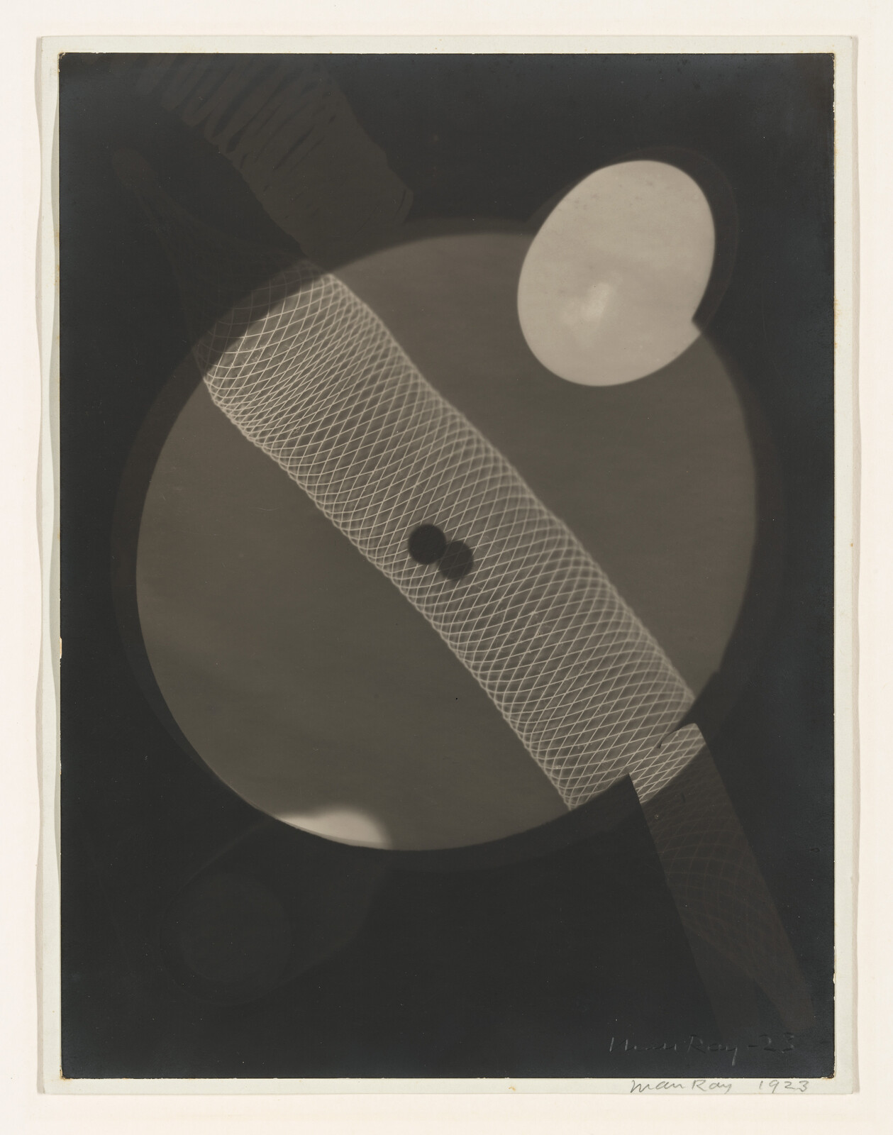 Circular abstract composition with a diagonal mesh pattern crossing and two small dark dots.