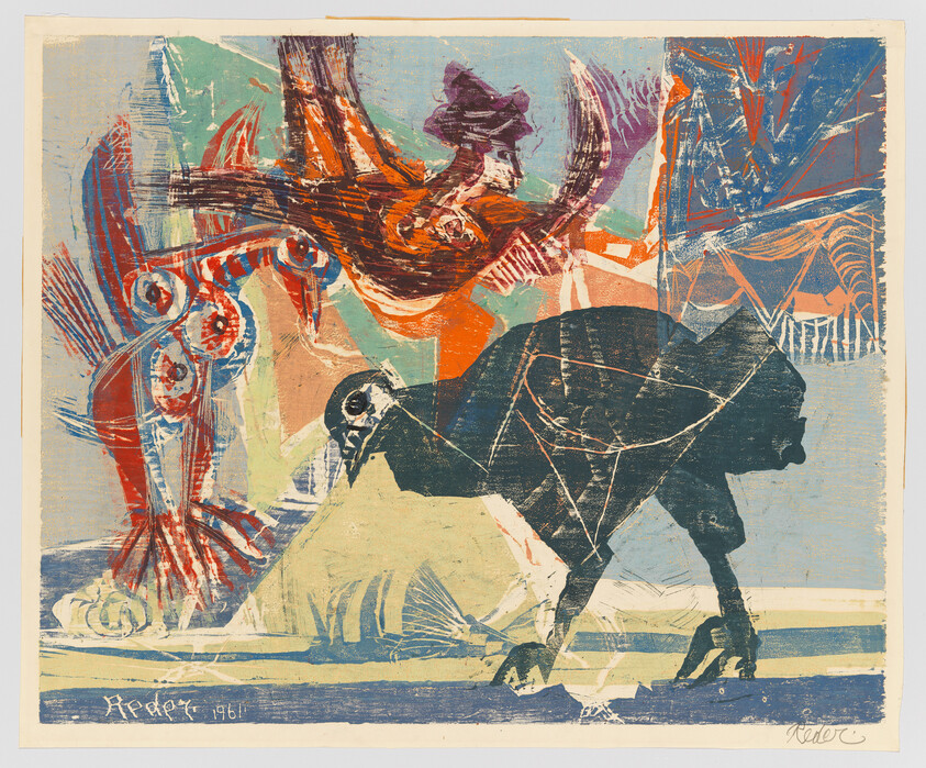 A dark bird pecking at the ground beneath swirling colorful abstract bird shapes.