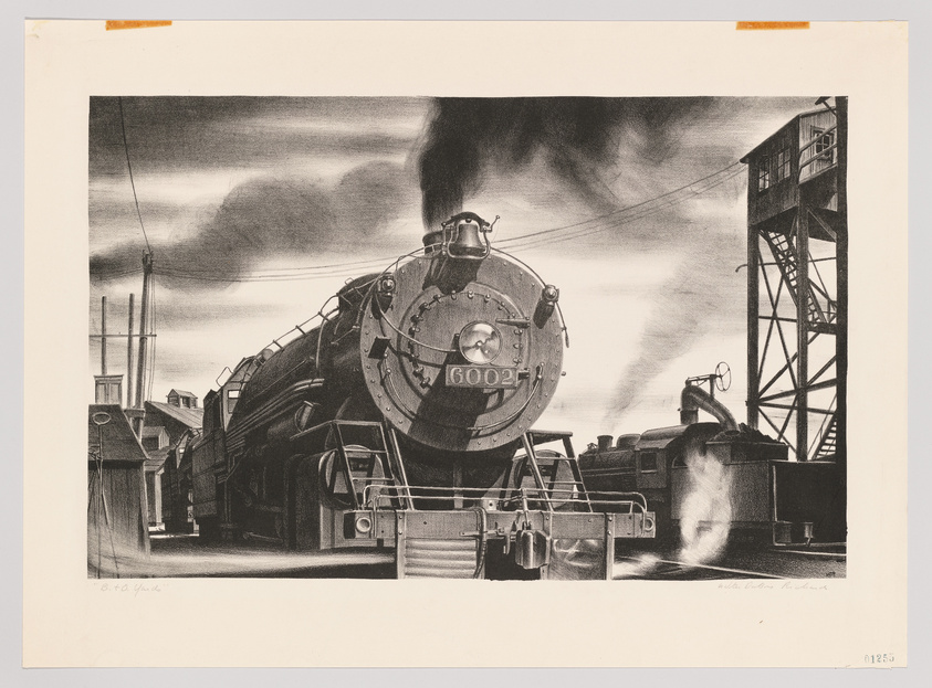 A detailed black and white illustration of a classic steam locomotive with the number 60021 on its front, billowing smoke into the sky as it stands on the tracks. The train is depicted in a realistic style with a dramatic, cloudy sky overhead and industrial structures, including a water tower, in the background. The foreground shows the train's powerful front end with a headlight at the center, and the surrounding environment suggests an urban setting with utility poles and buildings. The artwork is signed by the artist in the lower left corner.