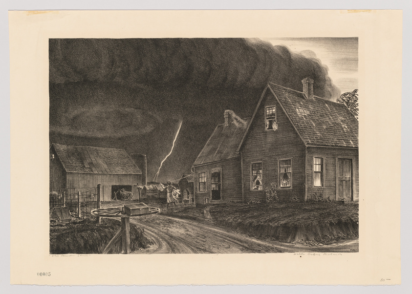 A black and white etching depicting a rural scene with two houses and a barn under a menacing, stormy sky. A bolt of lightning strikes in the background, illuminating the scene. There's a well in the foreground, and the details of the houses suggest an earlier historical period. The artwork conveys a sense of impending danger or drama associated with the storm.