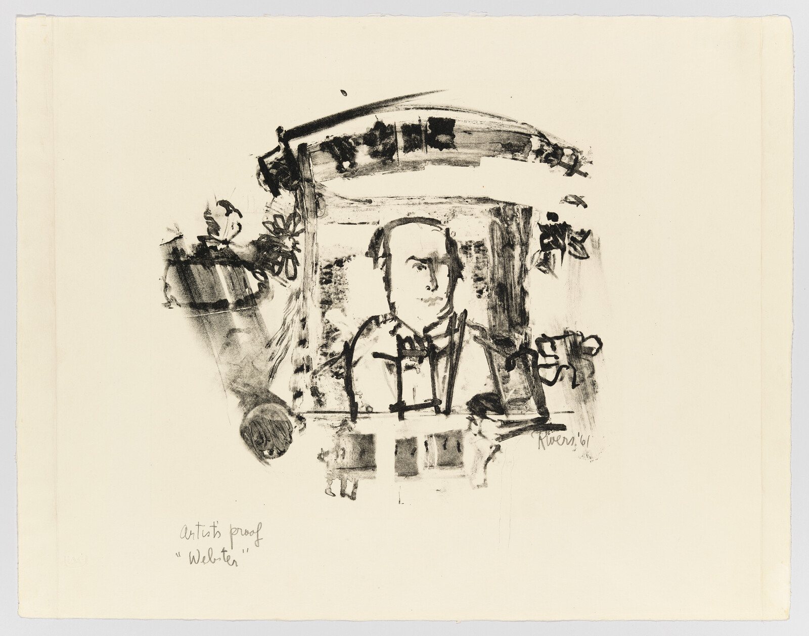 A loose black ink sketch of a person sitting at a window surrounded by potted plants.