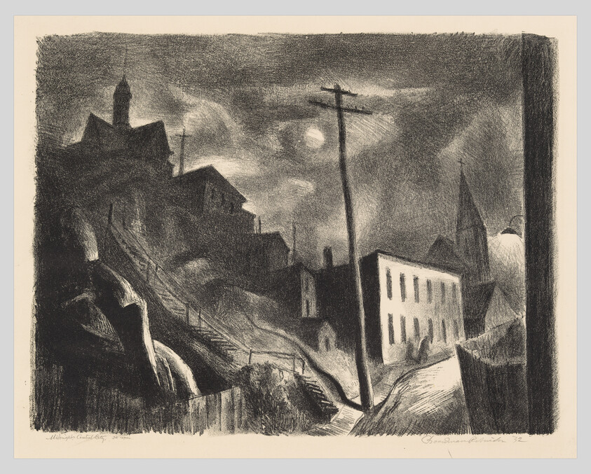 Monochrome etching of a hilly townscape with buildings, a church spire, and a telephone pole under a cloudy sky with a visible moon.