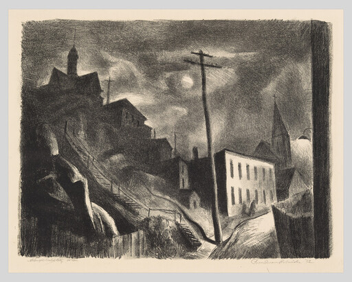 A moonlit hillside street with a tall utility pole and buildings silhouetted against the sky.