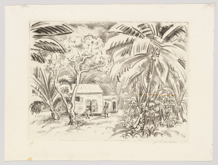 Small wooden house surrounded by large palm trees and two people standing in front.