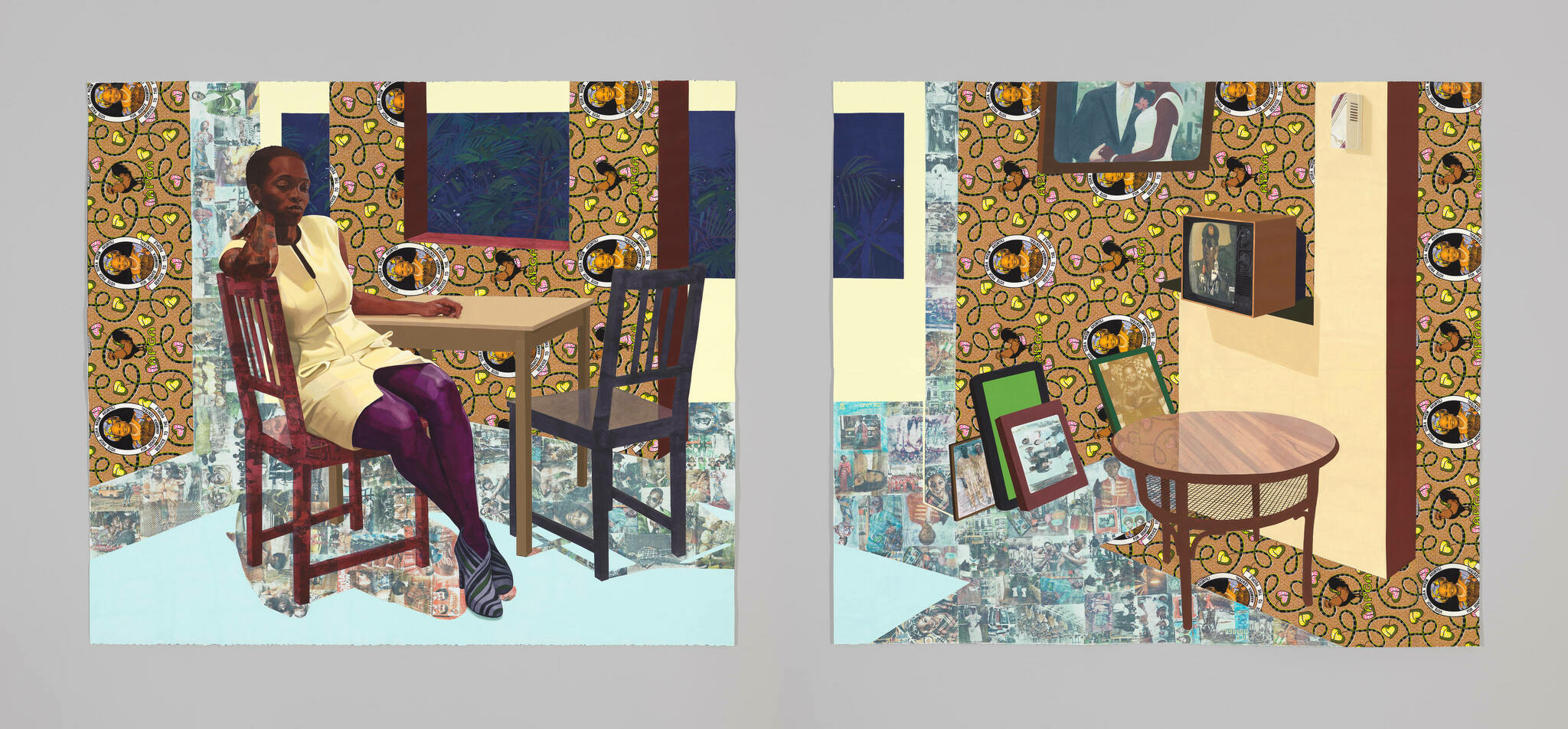 In a room extending across a diptych, a pensive Black woman sits at a table surrounded by pattered surfaces.