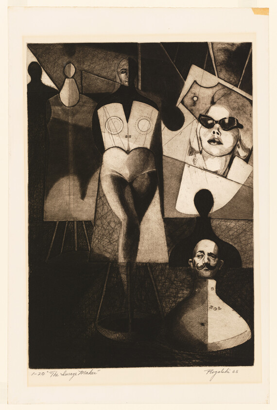 Several mannequin forms and stylized faces arranged in a moody, geometric collage.