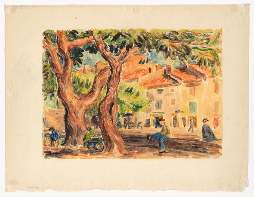 Two large twisted trees shade a village square where people sit and relax near buildings.