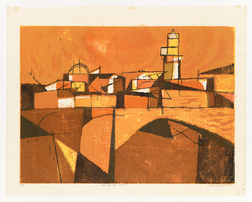 A geometric orange landscape showing clustered buildings and a tall lighthouse-like tower on a ridge.