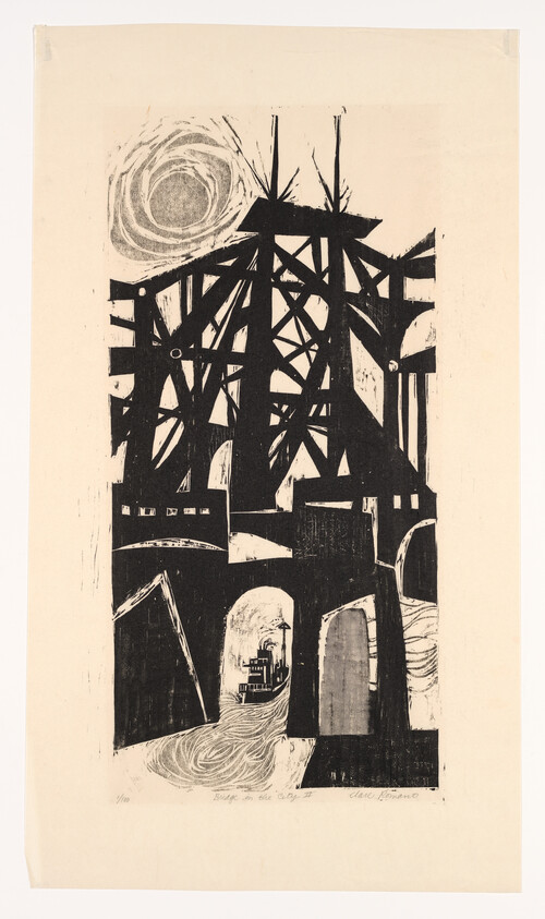 Large industrial bridge structure with a small tugboat passing under an arch beneath a bright circular sun.