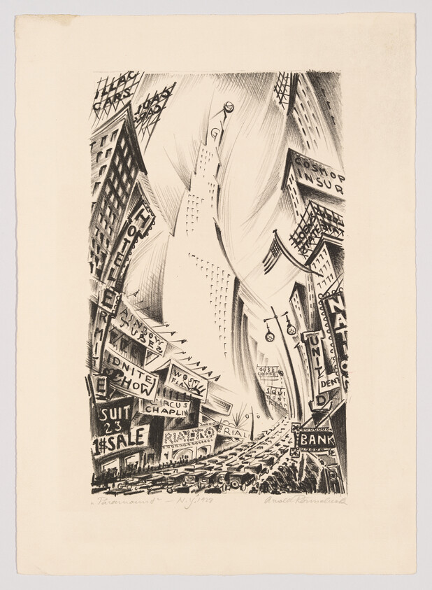 A black and white lithograph depicting a bustling city street scene from a worm's-eye view, with exaggerated perspective. Skyscrapers loom overhead, adorned with various signs featuring words like "SALE," "CHAPLIN," and "BANK." The street is filled with cars, and the sidewalks are lined with shops and theaters, creating a dynamic and crowded urban environment. The artwork is signed and dated at the bottom.
