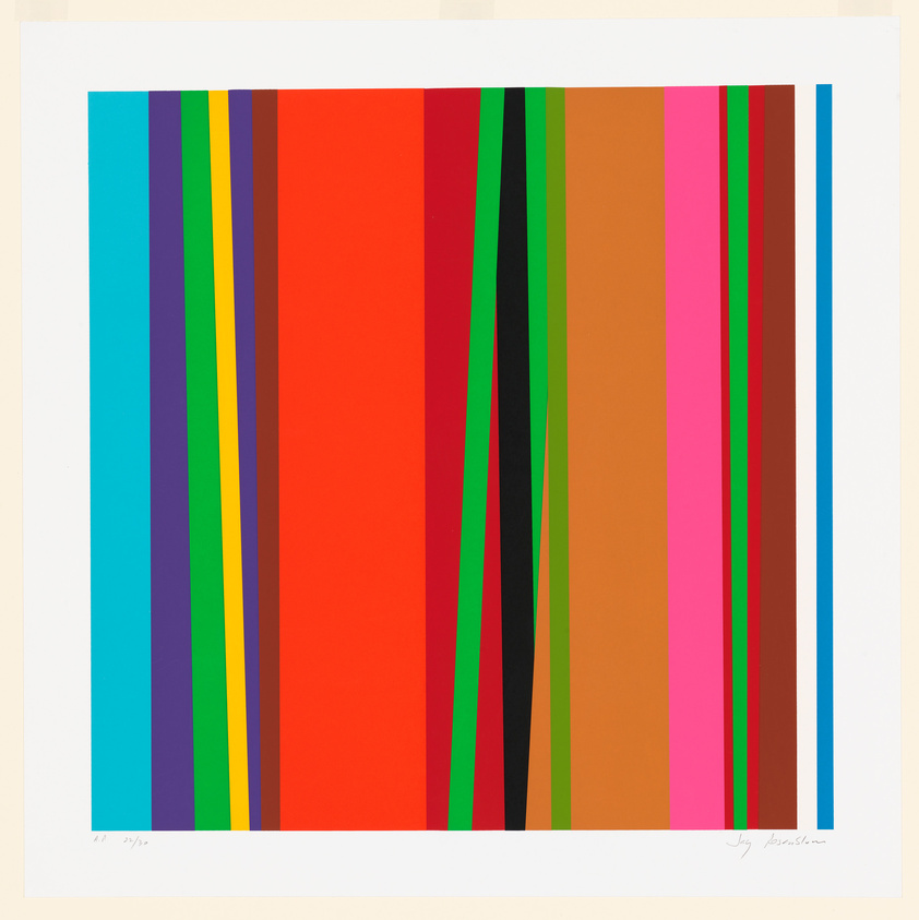 A colorful abstract artwork featuring vertical stripes of varying widths and colors, including blue, purple, red, green, yellow, brown, pink, and black, on a white background. The bottom right corner contains a signature.