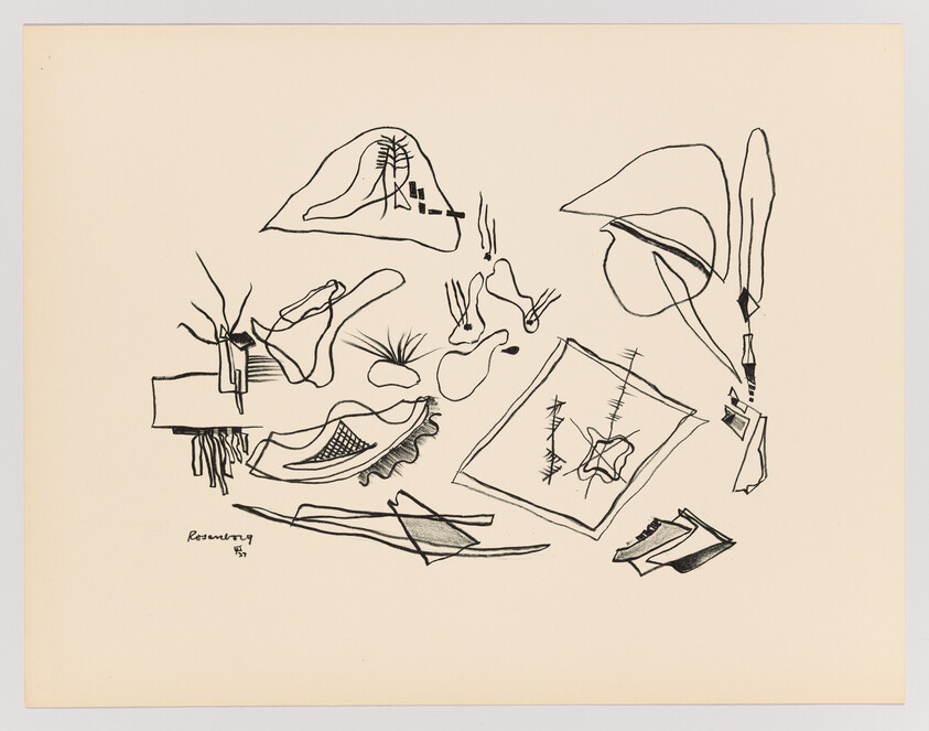 A collection of abstract black line drawings on a beige paper background, featuring various shapes and forms that resemble everyday objects and figures, with the artist's signature and date on the bottom left.