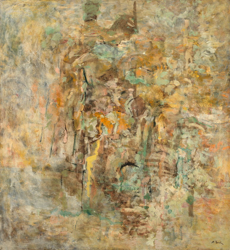 An abstract painting of layered earth tones with soft green, orange, and yellow brushstrokes.